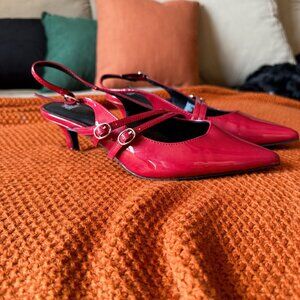 Wild Fable Red Patent Slingback Kitten Heels | Pointed Toe Strappy Pumps
